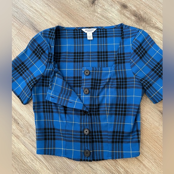 Size in Extra Small. Blue Checkered Crop Top with a Square Neckline. - Picture 5 of 5